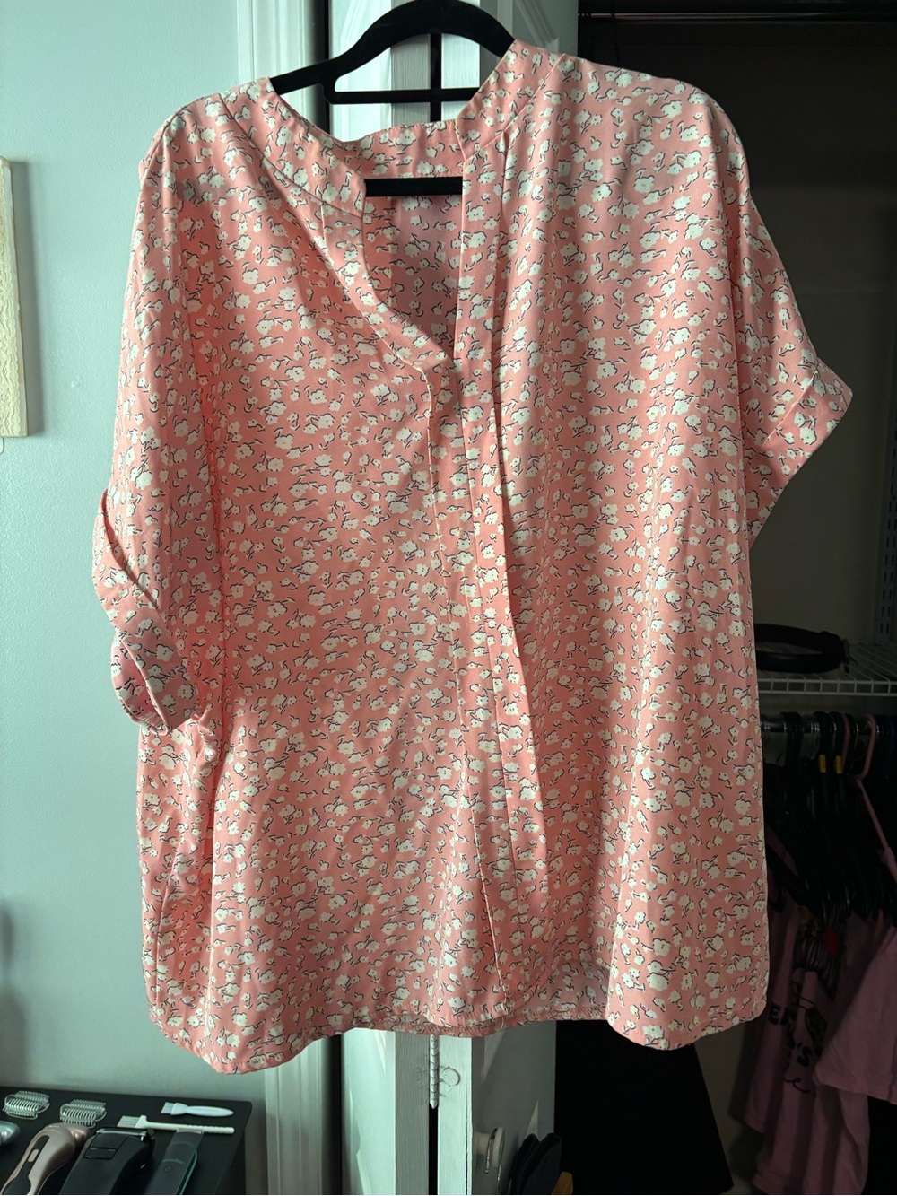 Women's Pink Floral Split-Neck Blouse